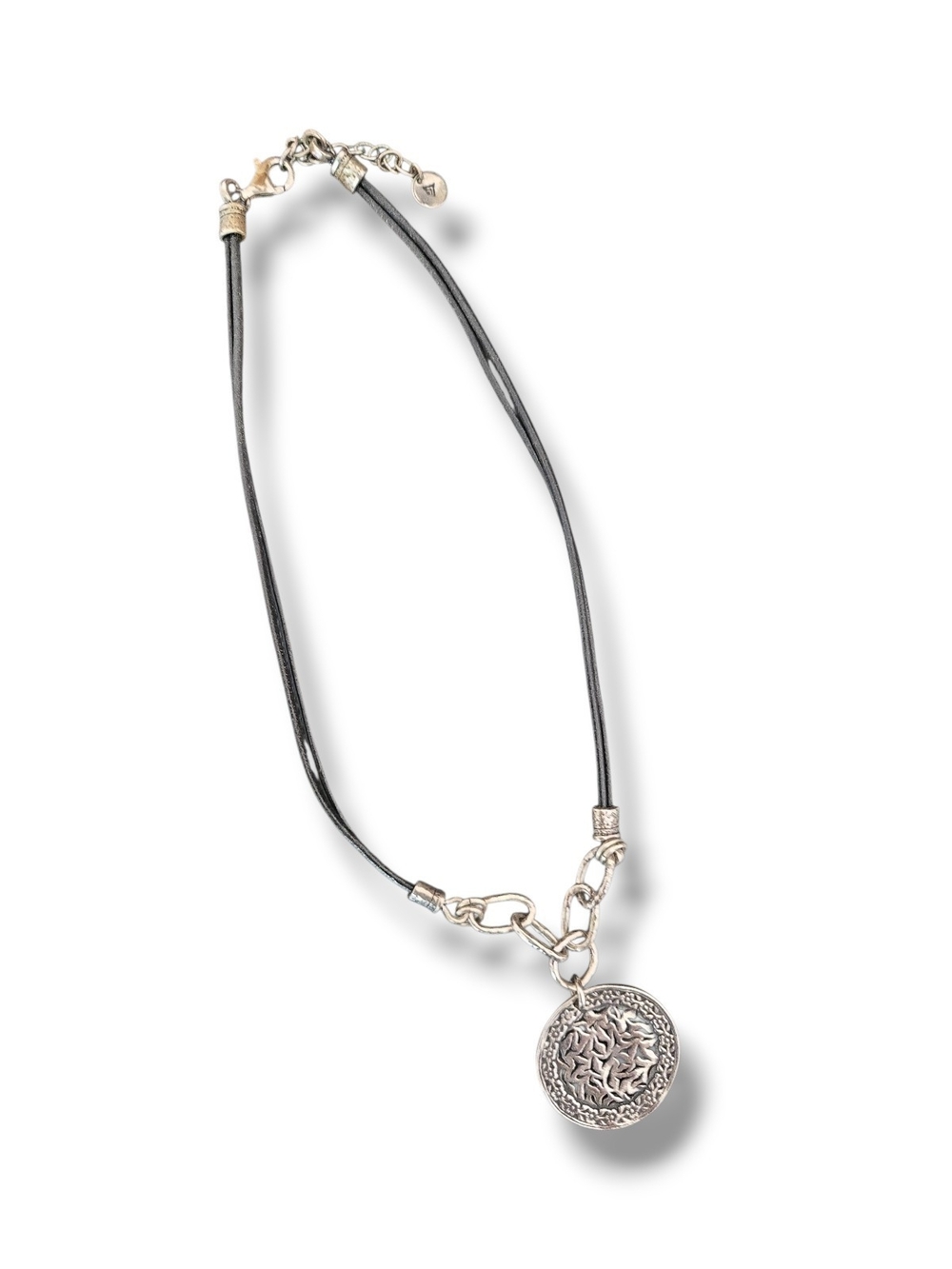 Silver Medallion Pendant Necklace with Black Cord